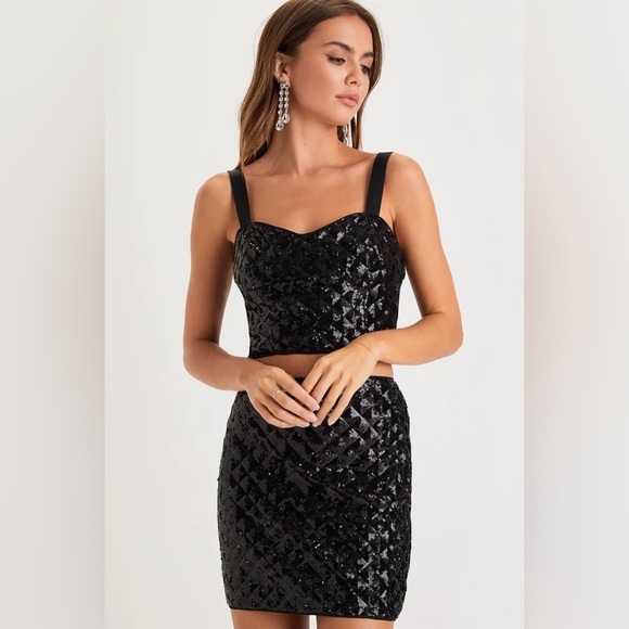 New! LULUS  Got Ya Glittering Black Sequin Two-Piece Bodycon Mini Dress - Picture 2 of 8